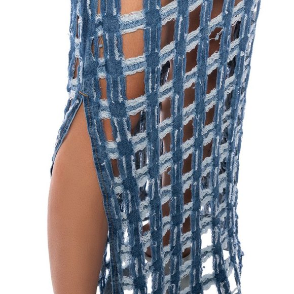 Miz Check on My Split: Square Biz Cut Out Denim Maxi Skirt Large - Picture 10 of 10